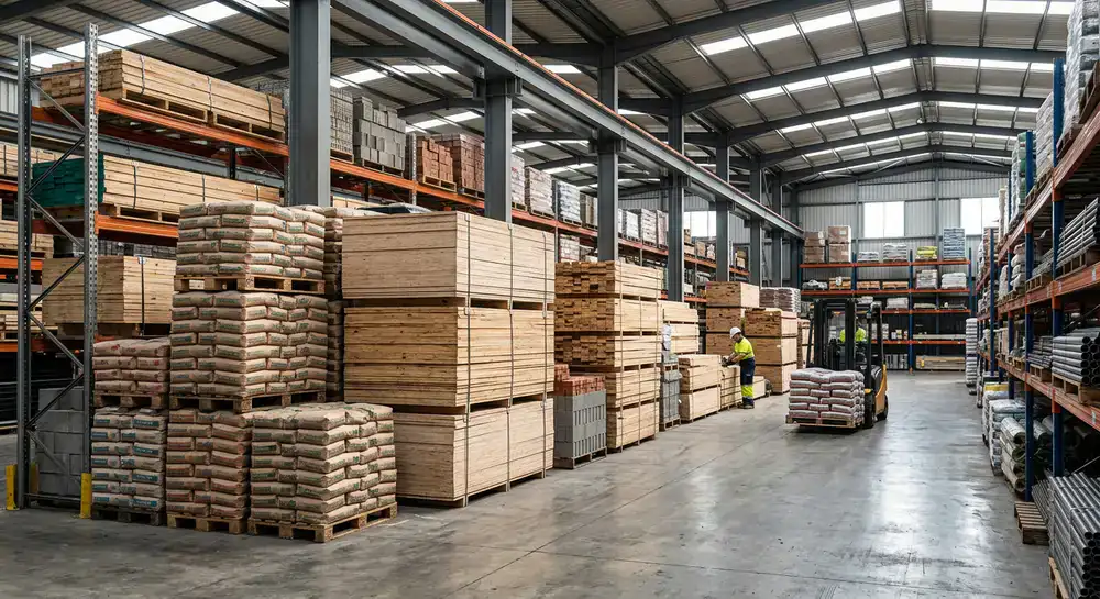Warehouse showing stacked building materials