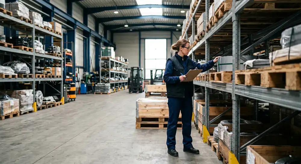Quality inspector checking material stock in the warehouse
