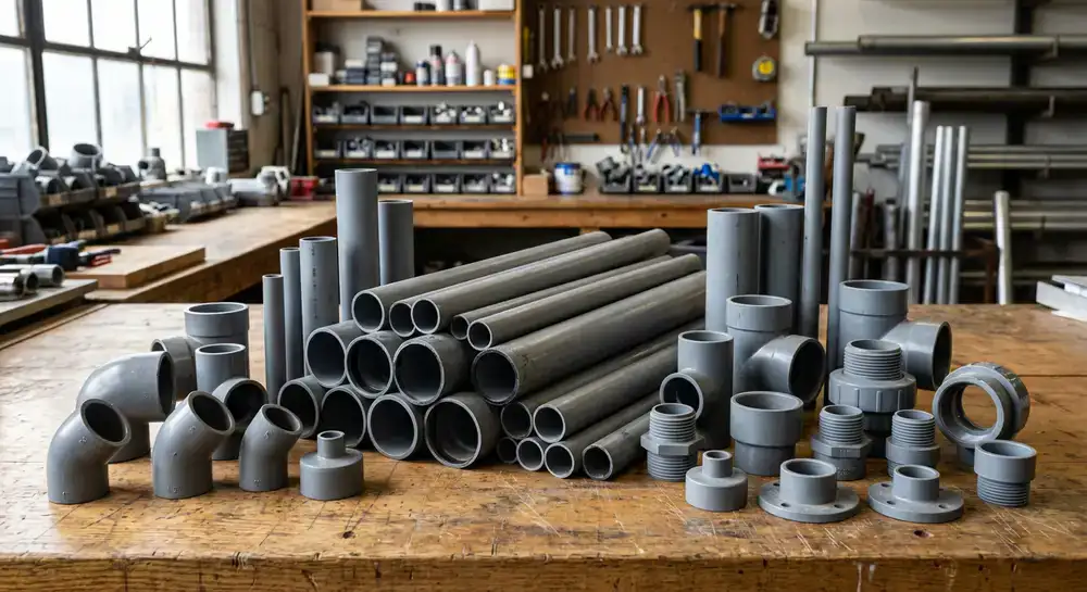 Assortment of PVC pipes and plumbing fittings