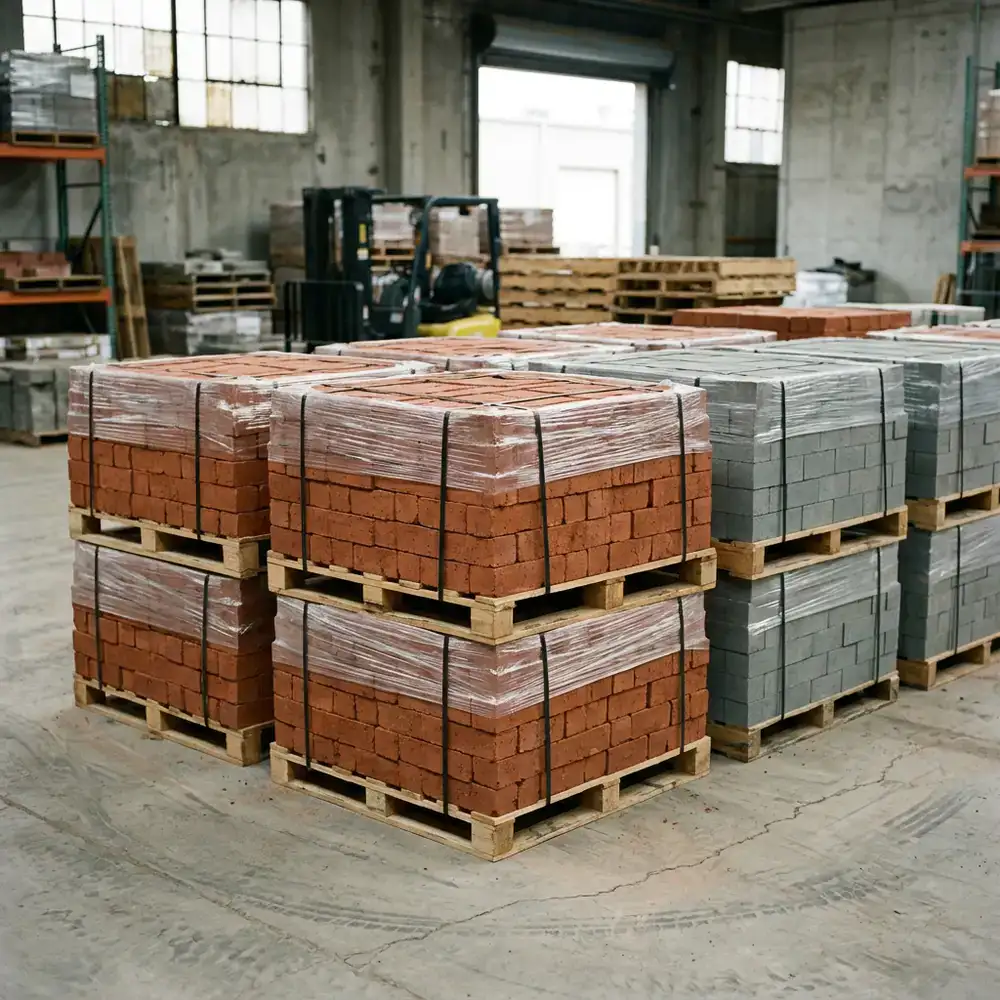 Pallets of red clay and fly ash bricks